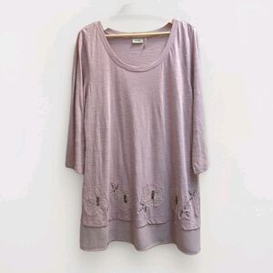 LOGO Lori Goldstein Tunic Blouse Sz L Purple Cotton Floral Boho Office Fairy